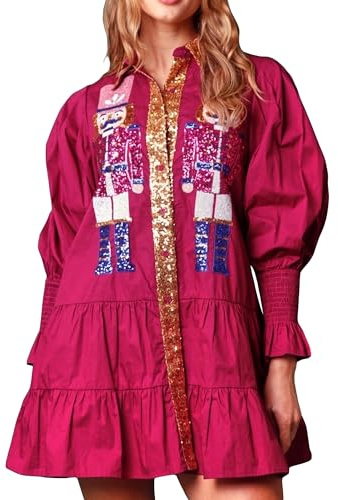Acrawnni Womens Christmas Sequin Nutcracker Dress Long Sleeve Tiered Glitter Nutcracker Print Holiday Mini Shirt Dresses