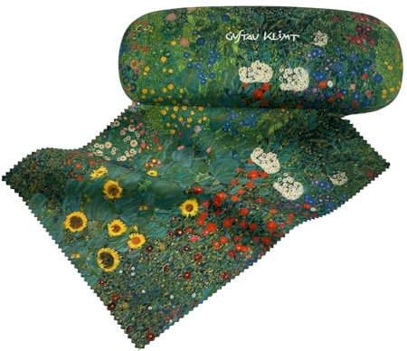 Brillenetui Hardcase mit Stoffbezug und Reinigungstuch aus Mikrofaser - FridolinEdition - Motiv: Bauerngarten - Künstler: Gutav Klimt