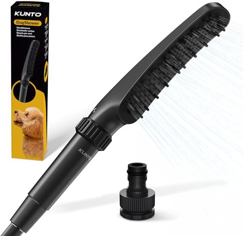 Doccia per cani KUNTO®: Doccia cane uso domestico a 4 getti - Doccino per cani con setole in silicone per una pulizia piacevole ed efficace del pelo. Doccia cani con adattatore per tubo da giardino
