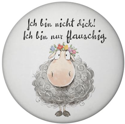 Schaf Magnet rund mit Flaschenöffner rund mit Spruch Nicht dick sondern flauschig Bauerntier Charme für den Kühlschrank Garten Farm Cartoon Witz
