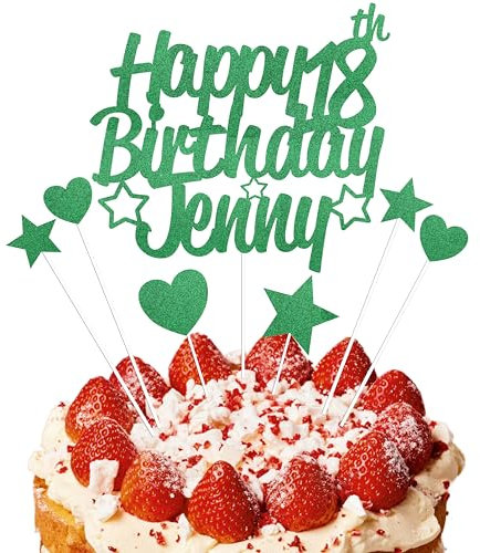 EKAM Personalised Happy Birthday Cake Topper, Customised with Any Age Name Party Cake Decoration, Glitter Card Cake Topper With Heart Star Cup Cake Toppers - 9Pcs (Prime, Green)