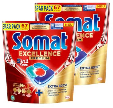 Somat Excellence Premium 5in1 Caps, 268 Caps (2x 134 Caps), schnellauflösende Spülmaschinentabs mit Extra Boost, Somat Caps entfernen selbst 72 h eingetrocknete, hartnäckige Essensreste