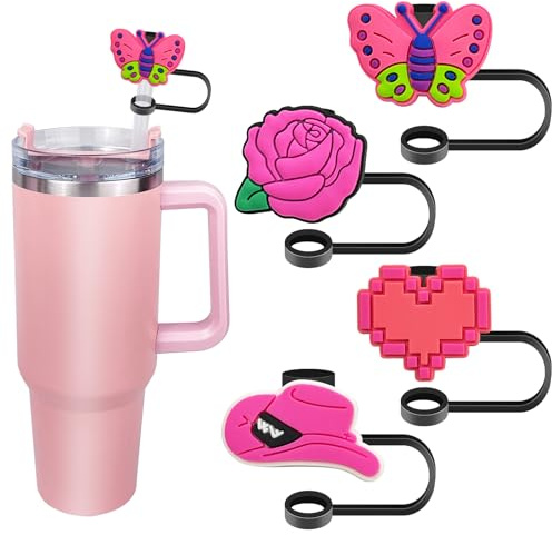 4Pack Cute Pink Straw Cover Cap for Stanley Cup,30 40 Oz Silicone Straw Topper Compatible with Water Bottle Cup 10mm Dust-Proof Reusable Straw Tips Lids