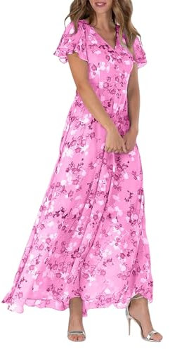Women's Chiffon Floral Maxi Dress - Summer Elegant Boho Long Flowy Dresses Ruffle Sleeves V Neck Vacation Beach Outfit Wedding Guest Engagement Cocktail Party (L,Pink)