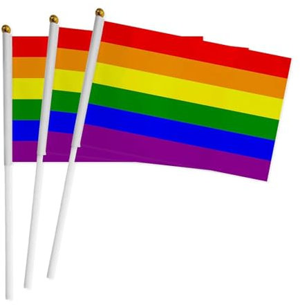 10 Pack LGBT Rainbow Pride Hand Waving Flags on Sticks - 14x21cm Mini Handheld Flag for Indoor and Outdoor Events, Party, Parades