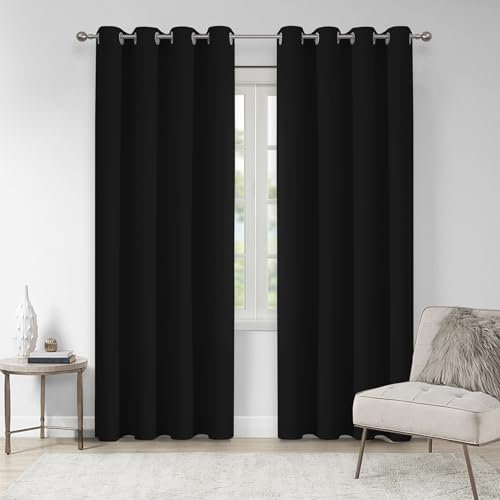 VEHEDE Black Out Curtains for Bedroom 96 Inch Drop Pair, Soft Thermal Insulated Blakcout Curtains for Sliding Door, Eyelet Extra Long Curtain for Living Room, W55 x L96 Inch, Black, 2 Panels
