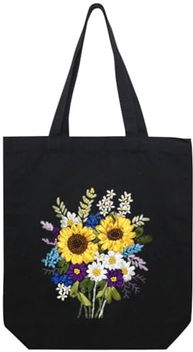 KABAKE Canvas Tote Bag Stickerei Kits für Anfänger, Kunst DIY Handwerk Stickerei Starter Kit, schließen gestempelte Stickerei Tasche, Fäden, Stickwerkzeuge ein (Schwarze Tasche mit Sonnenblume)