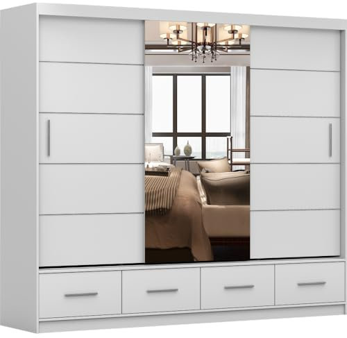 Fabryka Mebli Idźczak Kleiderschrank mit Spiegel grau -Schwebetürenschrank - Schlafzimmerschrank - 61 x 250 x 218 cm - Wohnzimmerschrank - Garderobenschrank Schrank mit Zwei Türen, 4 Schubladen