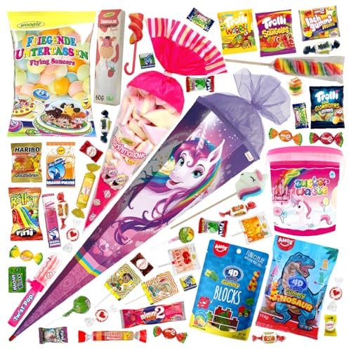 OYOY 85cm Schultüte gefüllt mit Süßigkeiten Mix I ROTH Schultüte Einhorn I Geschenk Einschulung Mädchen I Schultüte fertig gefüllt I Schultüte groß