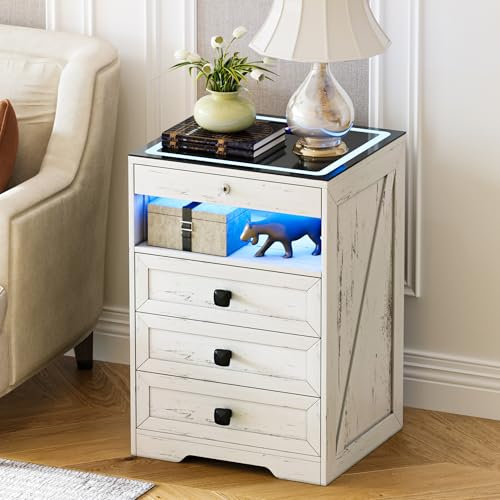 Lvifur Table de Chevet Verrouillable Avec Tiroirs, Chargement par Induction USB et Sans Fil, Table de Nuit Avec 24 Lumières LED Colorées pour Lit à Sommier Tapissier