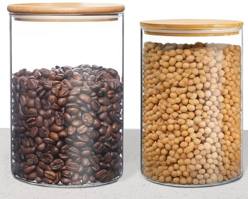 HomeyHoney Vorratsgläser mit Deckel,Vorratsdosen Glas mit Bambusdeckel 2er Set,Rund Vorratsglas mit Deckel Luftdicht Küche,Glasbehälter für Getreide,Gewürze,Aufbewahrung,950+500 ml