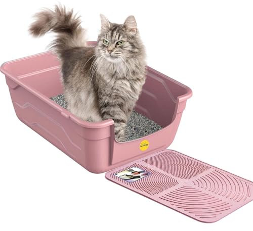 Cat Centre Katzenklo Offen Mit Hohem Rand Katzentoilette Ohne Deckel Mit Creme Katzenstreu Matte Rosa L 50 x 38,5 cm