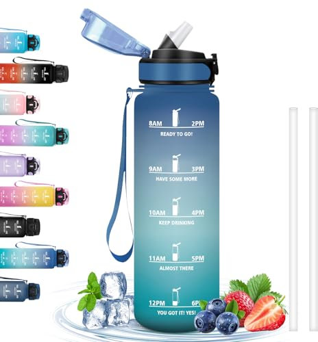 Botella Agua, Botella Agua 1 Litro con Pajita, Botella Agua Gimnasio a Prueba de Fugas, Botella Agua Motivacional, Fácil de Limpiar, Botella Agua Grande, Botella de Agua para Gimnasio, Ciclismo, Yoga