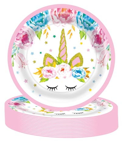 MORAINJAY 16 Pièces Rose Assiettes en Papier Vaisselle Anniversaire à Thème Licorne pour Filles,7 Pouces Assiettes Idéal pour Fêtes d'Enfants,Table Décoration Joyeuse -16 Invités