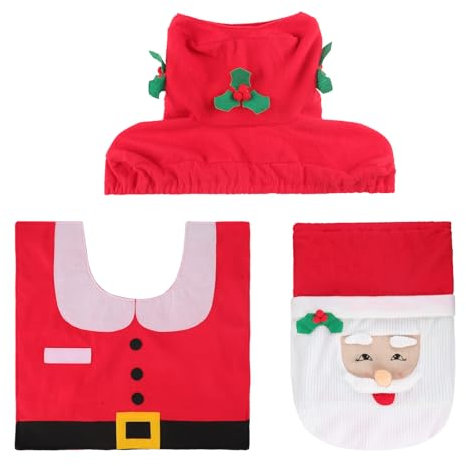 Santa Claus Toilet Seat Cover, 3 Pieces Funny Christmas Bathroom Decorations Red Tank Cover Floor Mat Tissue Box Seat Cover Room Rug Xmas Festival Accessories