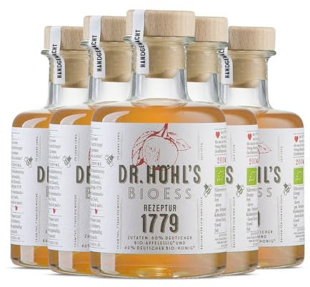 Bio Apfelessig mit Honig 6er Pack – mild & naturrein, mit Essigmutter und Bioland-Honig – REZEPTUR 1779 von DR. HÖHL’S – Manufakturprodukt aus deutschen Streuobstäpfeln – 6 x 200 ml Glasflasche