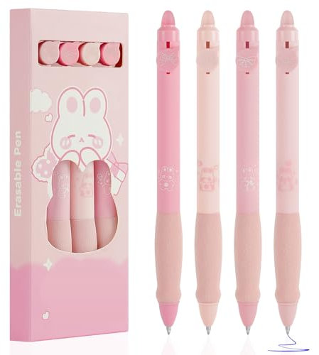 OFFCUP Radierbarer Kugelschreiber, 4 Blau Tintenroller Radierbar Gelstift, 0.5mm Radierstift Bär Cartoon Löschbarer Stift Erasable Pen für Kinder Studenten Geschenk Schul Bürobedarf - Rosa