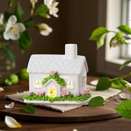 GZWY Frühlingsdeko Häuser mit LED Licht, Keramik Nachtlicht Frühlingsdorf mit Beleuchtung, Osterdeko Frühlingshäuser mit Blume, Frühling Ostern Deko LED Lichthaus Geschenke für Mama, Oma, Frauen (A)