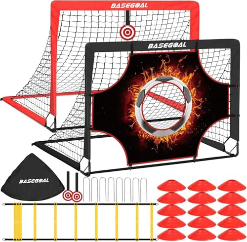 BaseGoal 3 en 1 Porterías Fútbol para Jardin con Tela de Tiro - 120x90cm | Porteria de Futbol con Escalera de Agilidad, Diana Colgante, Ideal Como Regalo para Aficionados al Fútbol