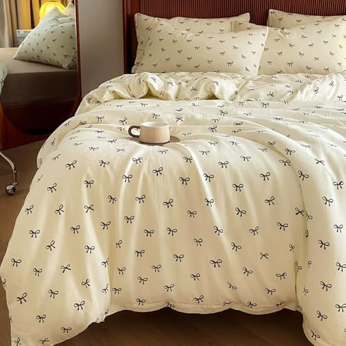Nayoroom Bettwäsche 135x200 Mädchen Schwarz Weiß Schleifen Kinder Bettbezug 2teilig Aesthetic Kawaii Schleifenmuster Microfaser Einzelbett Deckenbezug mit Reißverschluss und Kissenbezug 80x80cm