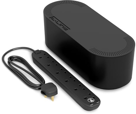 D-Line Cable Tidy Box with 4 socket 2m Extension Lead 13amp Surge Protected, Cable Management Solution, TV Wire Tidy, Desk Cable Organiser - Large, Black