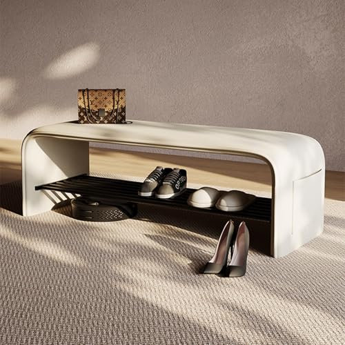 Shoe Bench with Cushioned Seat, Metal Entryway Shoe Bench with Storage, Bedroom Bench for End of Bed, Industrial Shoe Organizer Storage Bench for Entryway, Bedroom, Living Room, Hallway, Closet(Cream,