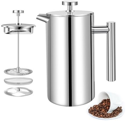 Xinng Cafetière à piston en acier inoxydable, filtre à 3 niveaux, cafetière à piston isolée à double paroi, pour la maison, le bureau, le voyage, le camping, 1000 ml