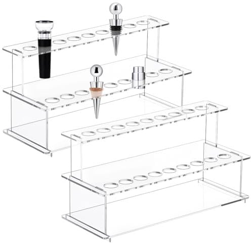 UNICRAFTALE 2 Sets Wine Bottle Stopper Display Stairs 18 Slot Clear Acrylic 2 Tier Riser Wine Stopper Holder Wine Stopper Display Stand Rack for Countertop 24x10x12cm