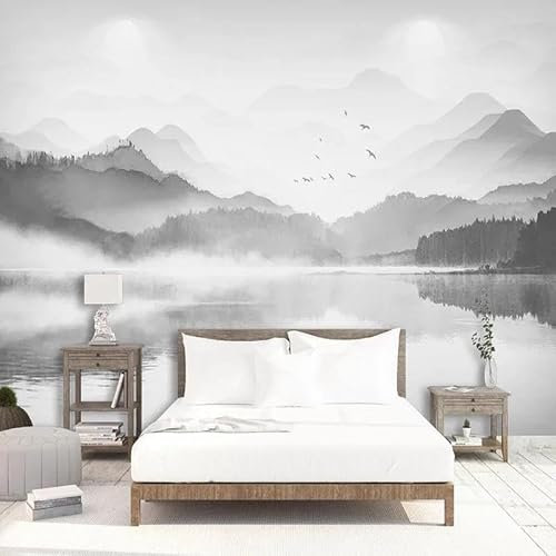 Noir Et Blanc Montagnes Rivières Oiseaux Papier Peint 3D Intissé Tapisserie Bureau Salon Canapé Chambre Fond Décoration Murale-350cm×256cm