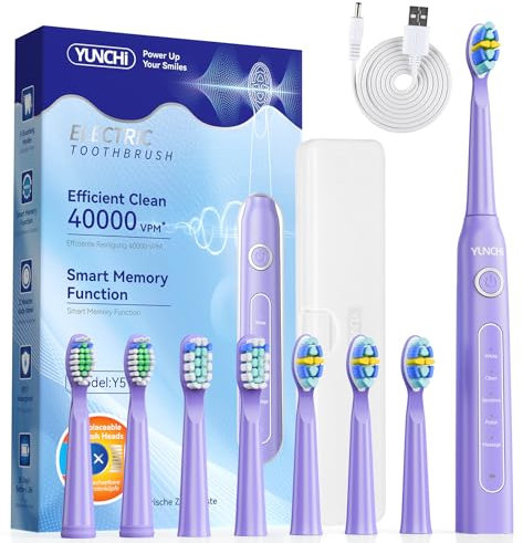 Electric Toothbrush 40000 VPM Rechargeable Sonic Toothbrush with 8 Brush Heads Travel Case, Smart Timer 5 Cleaning Modes Last 30 Days Electric Toothbrushes for Adults (Purple)