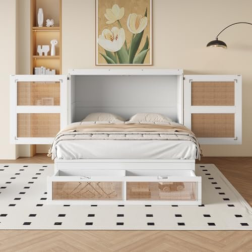 Soweiz Wandbett mit Lattenrost, Schrankbett 140 x 200 cm, Wandklappbett, vertikales schrankbett mit Lattenrost, Holzbetten mit Stauraumschubladen, Rattan-Design, Jugendbetten (Weiß)