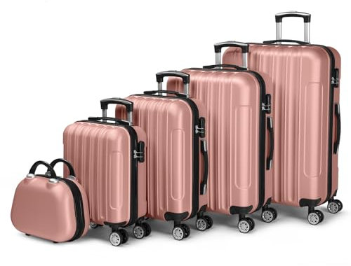 LALAHO Set de 5 Valises de Voyage avec Vanity Case, Valise Grande Taille & Cabine, Petite Valise, ABS avec roulettes Pivotantes 360°, Cadenas et Poignée Télescopique (Or Rose)