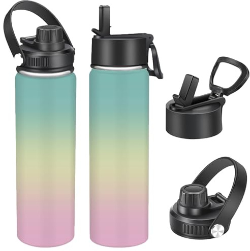 22oz Stainless Steel Insulated Water Bottle,Leak Proof Water Bottle with Stainless Steel Insulation with Carry Handle,Cold and Hot Drinks Sport Water Bottle for Sports Travel Gym(Green Yellow Pink)