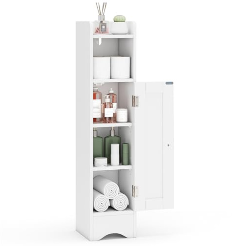 COSTWAY Mobiletto per Bagno Piccolo, Armadietto Salvaspazio da Terra Angolare con Porta e Ripiani Regolabili, Porta Carta Igienica Stretto, Mobiletto per Soggiorno, Cucina e Ingresso (Bianco)