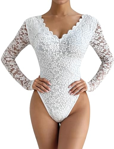 Maeau - Body Mujer Encaje Transparent Cuello en V Profundo Mangas Largas Estampado Floral Elegante Sexy Mono M Blanco