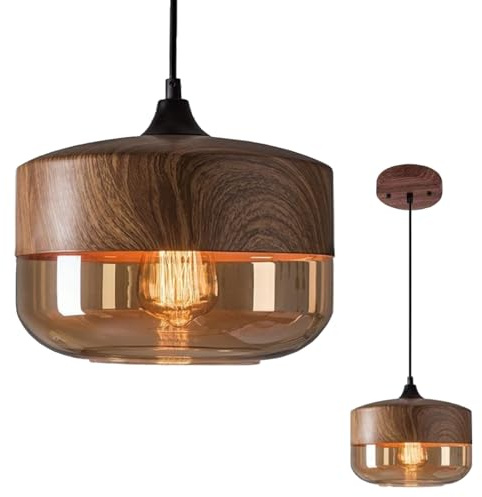 KXEcoLife Modern Pendant Light,Retro Industry Glass Light,Metal Wood Grain Finish Lighting,Kitchen Island Lighting, Amber Shade Ceiling Light Fixture,Brown,25.4cm/10in