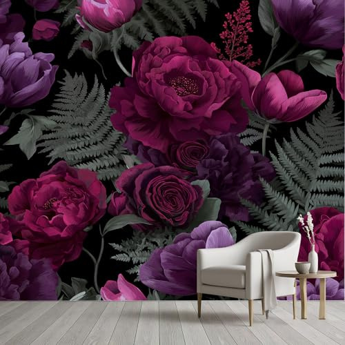 Tapeten Farnblätter Violette Pfingstrosenblume Fototapete Pastorales buntes Blumenmuster Tapeten Panorama Selbstklebende 3D Effekt Wandtapete Wanddeko Wohnzimmer Kinderzimmer 150x105 cm