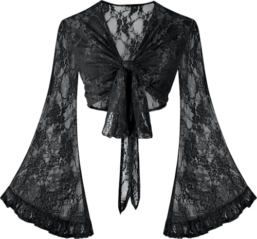BB&KK Women Boho Tops Lace Bell Sleeve Wrap Crop Blouse Lightweight Tie Front Summer Shrug Cardigan Flowy Flare Sleeve Western Top 70s Disco Outfit Going Out Black S
