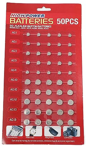 Batteria a bottone AG1/AG3/AG4/AG10/AG12/AG13, set di 50 batterie a bottone per orologi, calcolatrici, telecomandi