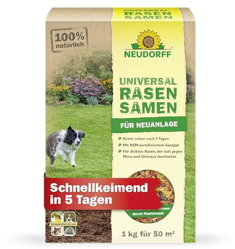 Neudorff UniversalRasenSamen für 50 m² – Schnellkeimende Rasensamen für die Neuanlage oder Nachsaat jeder Gartenfläche. Für dichten Rasen gegen Moos und Unkraut, 1 kg