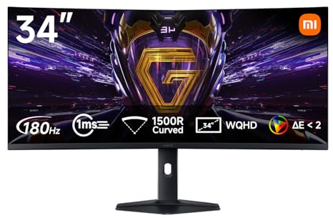 XIAOMI G34WQi 2026 34 2K Curved Gaming Monitor, 180Hz, 1ms GTG | FreeSync Premium, 1500R, HDR400, 100% sRGB, 95% DCI-P3,TÜV Low Blue Light Certification (3440 x 1440/21:9/HDMI 2.0/DP 1.4)