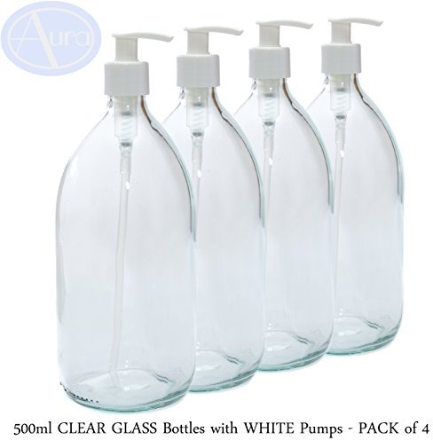 Aura 500ml CLEAR GLASS Bottles with WHITE Pumps - PACK of 4