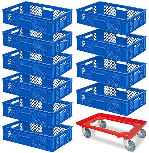 BRB 10 Eurobehälter, LxBxH 600x400x150 mm, Industriequalität, lebensmittelecht, blau + 1 Transportroller, rot