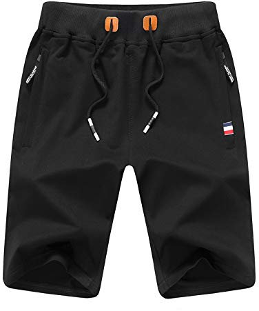 JustSun Mens Shorts Casual Sports Joggers Shorts with Elastic Waist Zipper Pockets Black UK 2X-Large