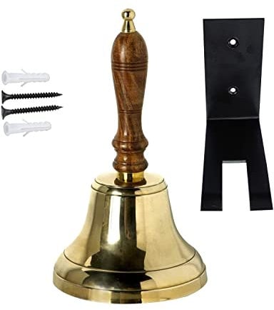 Neez Campana de Mano - Mango Madera Campanillas de Metal para Navideñas, Restaurante, Servicio & Timbr Recepcion, School Campanilla con colgador Muro (4 Campanas Bronce)