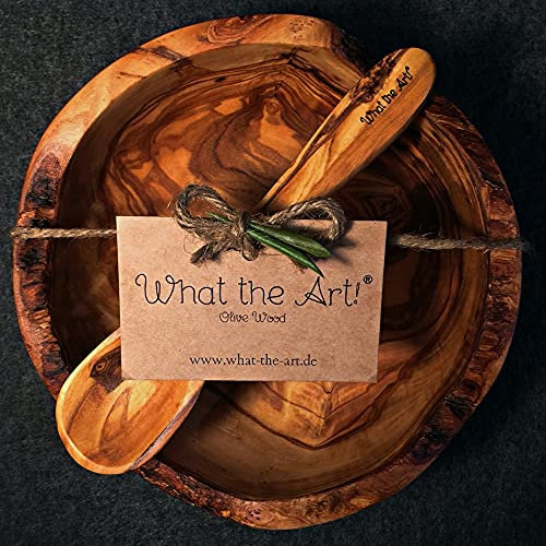 What the Art!® Olive Wood «Buddha Rustic» Gr. M | Olivenholz Schale inkl. Löffel | Handarbeit | Müslischale - Suppenschale - Frühstücksschale - Dessertschale (Ø 14-15 x ↑ 6)