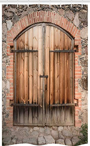 ABAKUHAUS Hölzern Schmaler Duschvorhang, Toskana Steinhaus, Badezimmer Deko Set aus Stoff mit Haken, 120 x 180 cm, Braun Grau