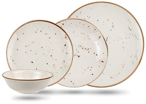Premium Geschirrset 24-teilig aus edlem PORZELLAN für 6 Personen | 6x Große Essteller 27 cm, 6x tiefe Suppenteller, 6x Dessertteller und 6x Schüsseln | Cremeweiss mit Platinring