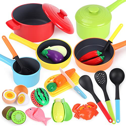 GILOBABY Kitchen Pretend Play Set - Role Play Cutting Fruit Food Toy Age 3+ & Cookware Pot & Pan Set, Educational Gift for Toddlers -8