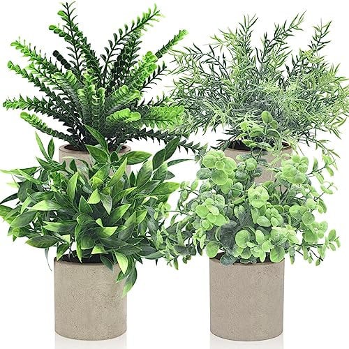 AOKKR 4 Stücke Grüne Gras Künstliche Pflanzen mit Grauem Töpfen, 7.8 x 24 cm Home Deko Fake Pflanzen für Schlafzimmer Küche Wohnzimmer Badezimmer Balkon Büro Fensterbank
